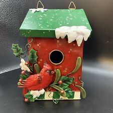 Bird House Decorative Metal Red Green Snow Cardinal Holly Cottage Core picture