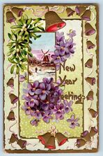 New Year Postcard Greetings Flowers Mistletoe Ringing Bells Embossed c1910's picture