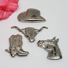 4 Vintage Cowboy Silver Tone Button Covers Southern Hat Boot Horse Bull Head picture