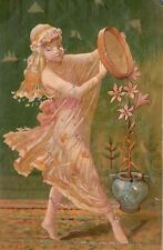 1880s-90s Young Girl Dancing In Yellow Flowing Dress Tambourine  Trade Card picture