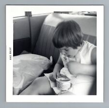 Vintage 1960s Child Eating Ice Cream 3.5x3.5 Black and White Car Photo picture