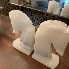 Vintage Bookends White Onyx Agate Chess Trojan Horse Head Carved 6” picture