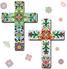 Pinkunn 2 Pcs Floral Cross Wall Decor Mexican Cross Decor Hand Painted Wood Wall picture