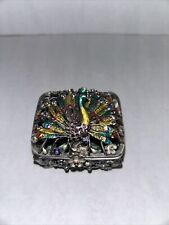 Bejeweled Crystal Rhinestone Peacock Enameled Floral Vined Footed Trinket Box picture