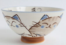 Mino ware Japanese Ceramics Rice Bowl Smiling Cats Gloss finish Blue picture