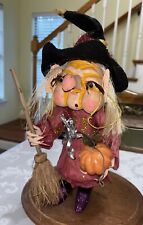 Vintage 80’s Halloween Paper Mache Witch holding pumpkin with Broom picture