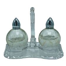 Antique Crackle Glass Salt & Pepper Shakers Carry Stand Handle W/ Repaired Crack picture