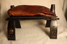 VTG Hieroglyphic Egypt Leather Camel Saddle Wood Foot Stool - Needs Repair/Parts picture