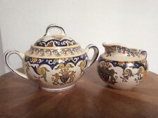 Antique Rouen Decor French Faience Lidded Sugar Bowl and Creamer picture