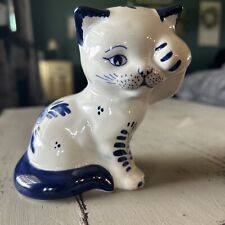 Delft Holland Blue White Cat Figurine Porcelain Hand Painted Statue Vintage picture