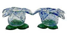 2 Floral Blown Glass Candleholders Blue Green picture