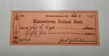 Elizabethtown National Bank - Bank Check - Elizabethtown PA - 1887 picture