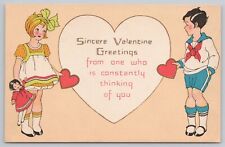 Postcard Vintage Sincere Valentine Greetings Boy & Girl with Hearts Romance picture
