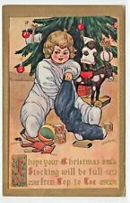Vintage Christmas Postcard Child Stocking Puppet Horse Teddy Bear A/S Miller picture