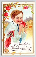 c1900s 1912~Thanksgiving Boy Apple & Turkey~Antique VTG Postcard picture