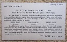 1940 ITALIAN LINE SAILING/PRICE ADVERTISING POSTCARD - M.V. VIRGILIO picture