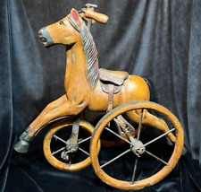 Vintage Wooden Horse Tricycle Toy Hand Carved Leather Saddle Antique Folk picture