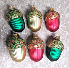 6 Vintage Christmas Glass Ornaments Acorns w/glitter sequins Commodore red gold picture