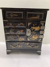 19th C Asian dresser mini trinket box multi drawer 10”T Jewelry Japaned Wood picture