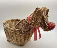 Vintage Wicker Dog Basket Planter Google Eyes Red Nose Boho Whimsical Storage picture