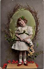 c1910 Easter Postcard. Pretty little girl dress wreath roses a1 picture