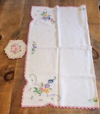 Pink Floral Embroidered  Tablecloth & Doilie, Pre-owned picture