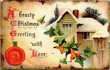 VTG 1910's Snow Covered House Cottage Greeting Embossed Merry Christmas Postcard picture