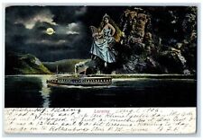 1906 Woman With Harp Moonlight Scene Steamer Loreley Germany Antique Postcard picture