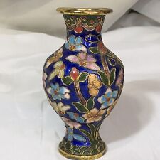 4.25” Vintage Blue Cloisonné Accent Vase With Pink Flowers And Gold Trim❤️ picture