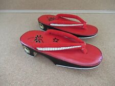 Vintage Japanese Red Small Child Wooden Geta Geisha Hand Painted Sandal Shoes picture