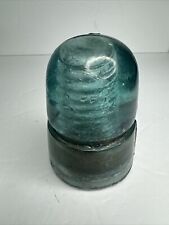 Antique Swirly Aqua Glass W Brookfield Beehive Insulator # 3 Stamped On Top picture