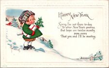 New Year A/S C Twelvetrees Boy Packages Snow Trees Embossed c1910 postcard GQ2 picture