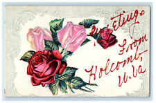c1910 Pink and Red Flower, Grey Frame, Greetings from Holcomb WV Postcard picture