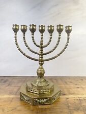 Antique Brass Menorah Candle Holder 7 Branch Judaica Hexagon vintage heavy 10.5” picture