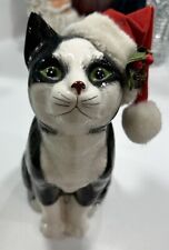 ENESCO VTG  1987 Green-eyed Tuxedo Cat Santa Hat Christmas Ceramic Figurine 9in. picture