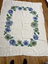 Vintage Beautiful Printed Blue Floral Linen Tablecloth 74x57” Stunning Beige picture