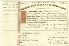 Harrison Branch Co. - 1860's dated Railway Stock Certificate - Ohio, Hamilton Co picture