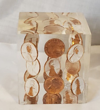 Vintage Paperweight Pennies 1973 Acrylic Block Lincoln Cents Lucite picture