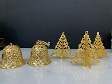 Eckartina Germany 5 Vintage Gold Metal Filigree 2 Bell 3 Tree Christmas Ornament picture