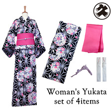 Women's Yukata Coordinate Set of 4 For Beginners : Black bloom flower & Pink obi picture