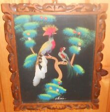 MEXICAN FOLKART FEATHERCRAFT BIRD PAINTING carved wood frame picture