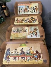 Set of 4 vtg Kanine Kapades by Kentley MCM Wood Grain Laminate Dog Art Trays picture