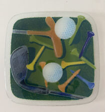 Vintage Peggy Karr Fused Glass Golfing Theme Plate 8”D Signed Glass Golf Clubs picture
