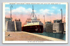 Freighter Ship Down Bound at Sabin Lock Sault Ste. Marie Michigan MI Postcard picture