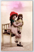 Vintage French Tinted  Postcard C1910 Lovely Girl Who Loves Her Doll picture
