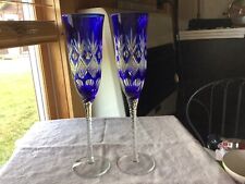 BOHEMIAN COBALT BLUE CRYSTAL CUT TO CLEAR CHAMPAGNE FLUTES HAND CUT- SET OF 2 picture