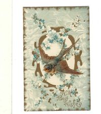 c1900s With Best Wishes Bird Flowers Embossed Greeting Card picture