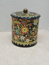 Vintage Round Metal Canister w Lid & Embossed Floral Design Made in England picture