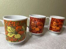 Vintage Footed Coffee Mugs Pedestal Red Yellow & Orange 1970's Flower Set of 4 picture