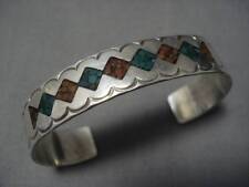 AMAZING VINTAGE NAVAJO NATIVE AMERICAN TURQUOISE INLAY STERLING SILVER BRACELET picture